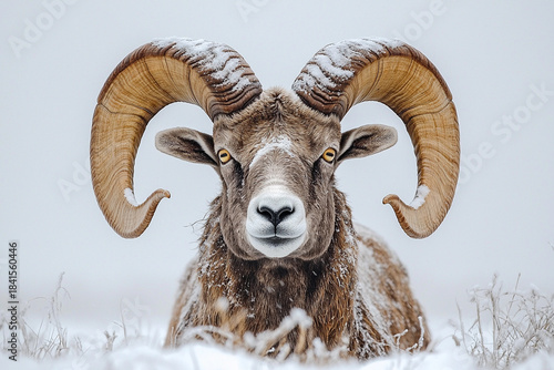 Majestic ram with large horns in a snowy landscape Generative AI