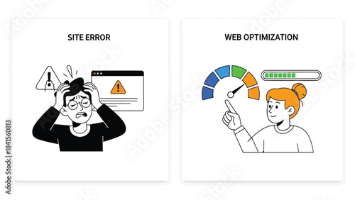 Vector illustration of Site error troubleshooting and web optimization concept with people, flat vector illustration
