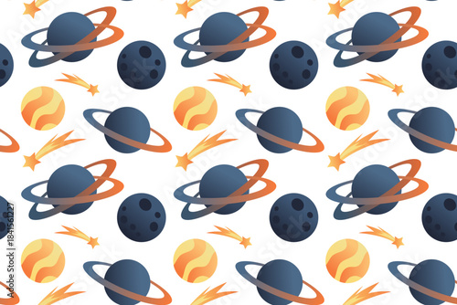 Cute seamless pattern with planets, sun, stars. Flat space design Hand-drawn illustration.