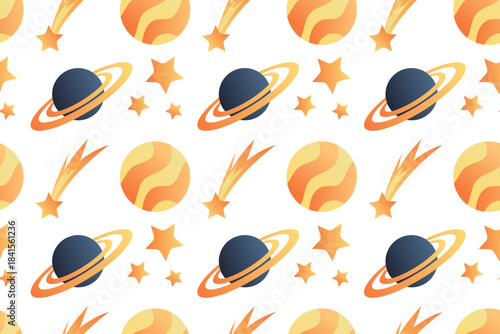 Cute seamless pattern with planets, sun, stars. Hand-drawn illustration. Flat space design.