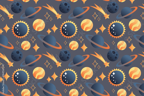 Cute seamless pattern with planets, the sun, and stars on a dark background. Flat space design. Hand-drawn illustration.