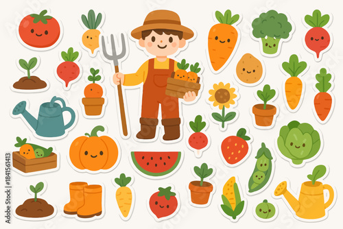 Young caucasian male farmer with garden vegetables and fruits illustration