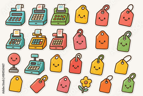 Cute kawaii stickers: cash registers, price tags, smiling faces, and floral designs
