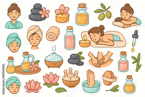 Spa and wellness icons featuring asian female in massage and relaxation settings