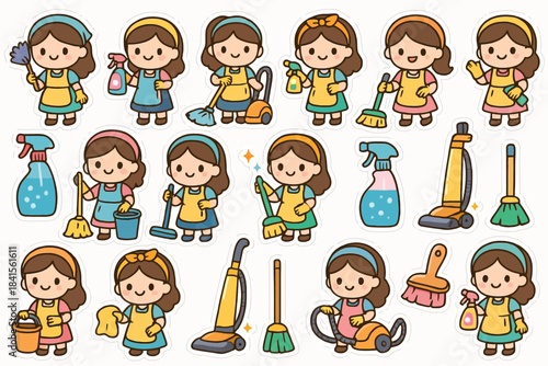 Cartoon characters with cleaning tools in various outfits