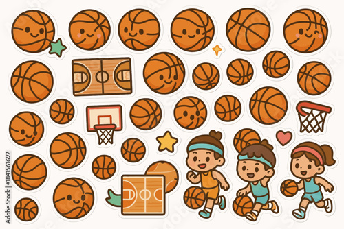 Cute basketball stickers with happy balls and kids playing