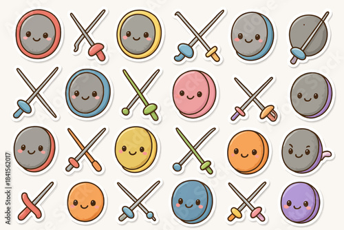Cute kawaii fencing theme with colorful smiley faces and swords