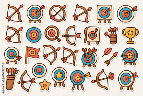 Archery icons set: targets, bows, arrows, quiver, trophies