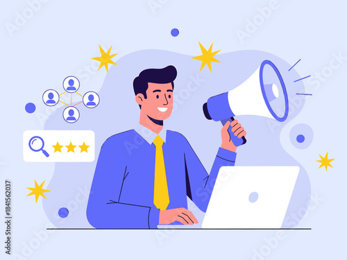 Man promoting product or service on laptop