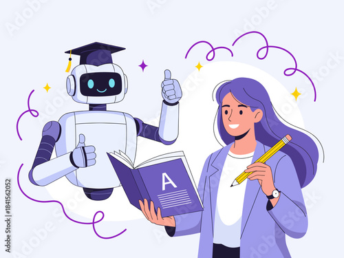 Robot and teacher studying together with book and pencil