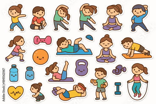 Cute exercise-themed stickers featuring cartoon people and fitness icons