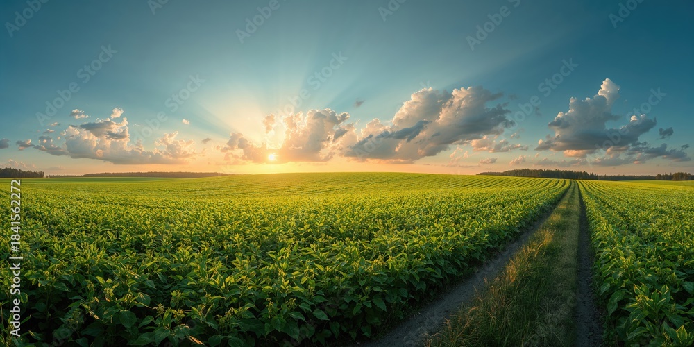 Fototapeta premium Wide-angle scene of a vibrant soybean crop with a central dirt road, ideal for environmental or farming themes