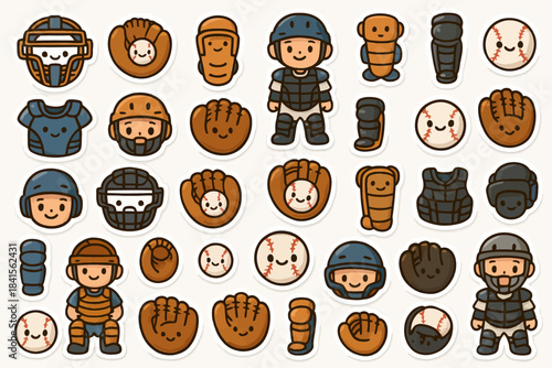 Cute cartoon baseball character stickers with equipment and players