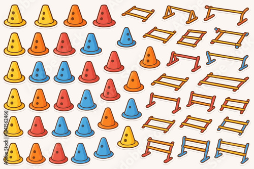 Colorful traffic cones and mini hurdles pattern illustration