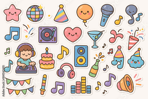 Colorful party-themed stickers with dj, musical notes, and festive decorations