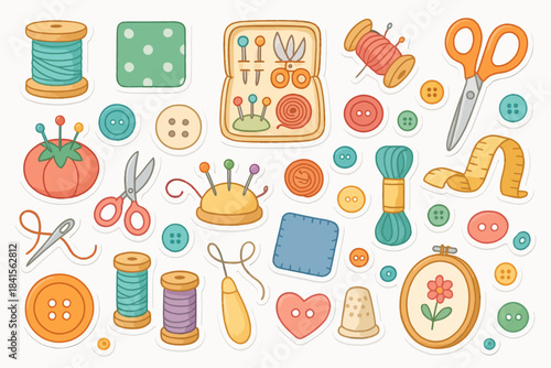 Colorful sewing supplies collection with threads, buttons, and scissors