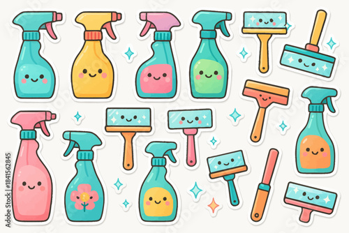 Cute cartoon cleaning supplies with smiling faces and decorative elements