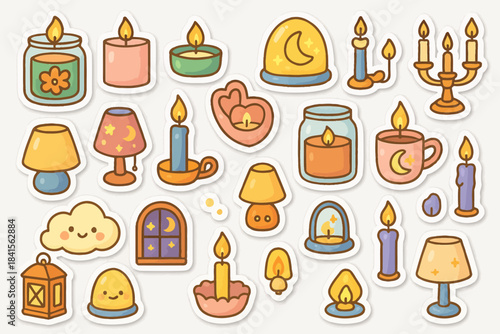 Cute cartoon candle stickers featuring lamps, lanterns, and cozy lit elements