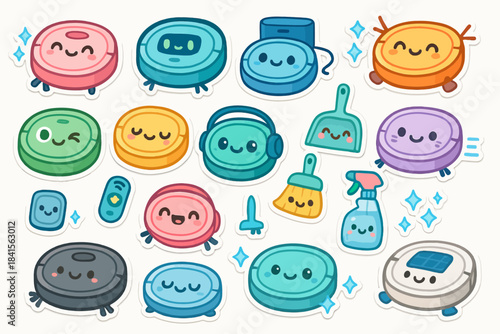 Cute colorful cartoon robot vacuum stickers with smiling faces and accessories