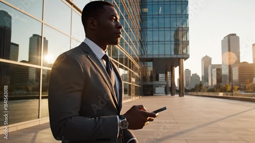 A suited man on a sunlit urban plaza checks his phone beside glass skyscrapers, city glow. at noon!!