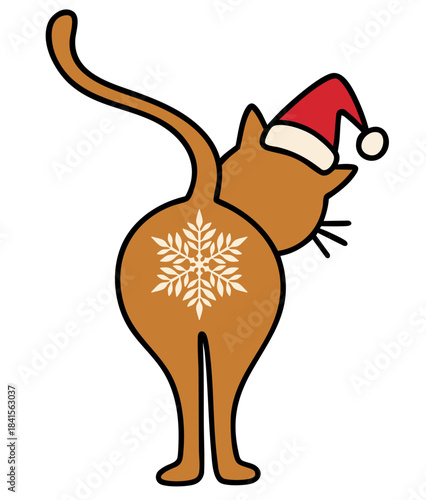 Funny Christmas Cat with Santa Hat – Cute Kitty Showing Backside with Snowflake Decoration