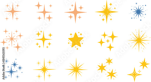 Collection of sparkling star icons isolated on white background, each radiating a unique charm and brilliance, perfect for adding a touch of magic to any design