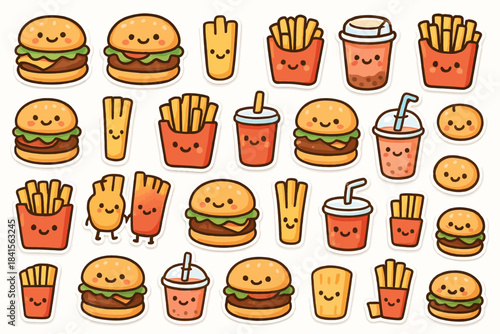 Cute cartoon fast food characters with happy faces - burgers, fries, and drinks
