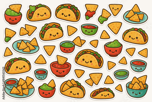 Cute cartoon snacks: smiling tacos, chips, salsa, and guacamole on white background