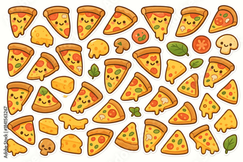 Cute cartoon pizza and toppings smiling faces pattern design