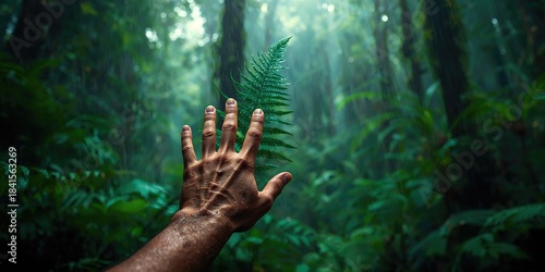 Male explorer hand holding a tree branch in a dense rainy forest, highlighting survival and outdoor exploration techniques
