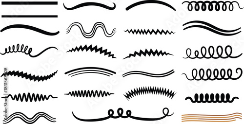 Collection of varied black line designs isolated on white background, offering diverse options for decorative borders, underlines, and artistic accents