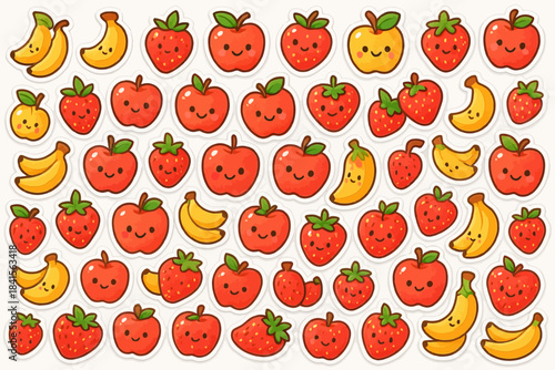Cheerful cartoon fruits pattern featuring smiling apples bananas and strawberries
