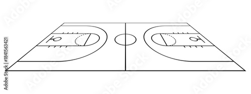 Clean perspective outline of a basketball court with key zones, arcs and marking lines, suitable for sport diagrams, coaching materials, athletic design themes and creative graphic projects.