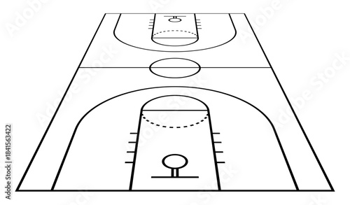 Clean perspective outline of a basketball court with key zones, arcs and marking lines, suitable for sport diagrams, coaching materials, athletic design themes and creative graphic projects.