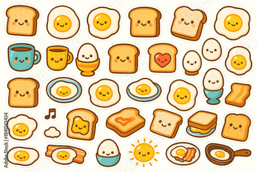 Cute kawaii breakfast stickers of adorable eggs and toast with charming faces
