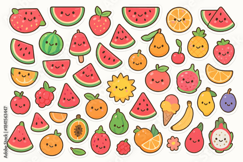 Cute cartoon fruits and vegetables with smiling faces and cheerful expressions