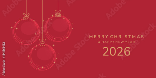 Glowing Christmas ornaments with golden lines and festive sparkles on a red background