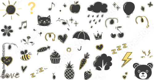 Whimsical handdrawn doodle set isolated on white background featuring sun, cat, bee, heart, cloud, apple, and more for creative projects