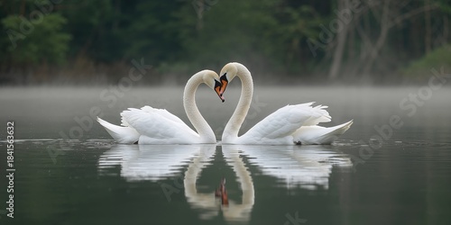 Fototapeta Naklejka Na Ścianę i Meble -  Mute swans resting on a calm lake surface, natural habitat conservation, Earth Day