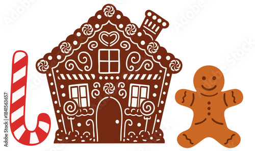 Gingerbread Scene — Christmas Cookie House with Candy Cane and Gingerbread Man