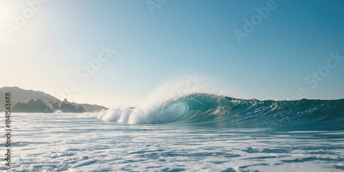 Fototapeta Naklejka Na Ścianę i Meble -  White ocean wave crashing against the blue sea in an outdoor landscape, natural shoreline dynamics
