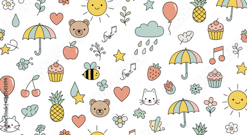 Seamless pattern with cute doodles isolated on white background hand drawn vector illustration with bear, sun, cloud, umbrella, strawberry, pineapple