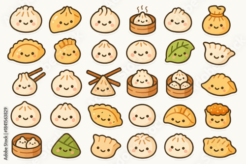 Cute kawaii dumpling stickers with adorable smiling faces
