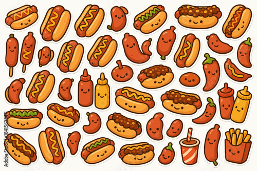 Cute cartoon hot dogs and condiments with smiling faces