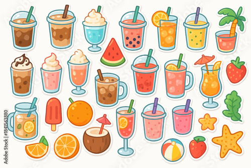 Colorful assortment of refreshing summer drinks and fruits