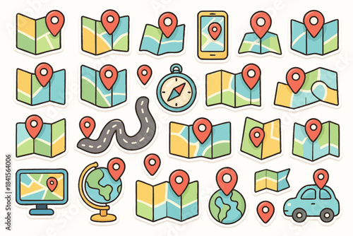 Colorful navigation icons: maps, pins, compass, gps elements set