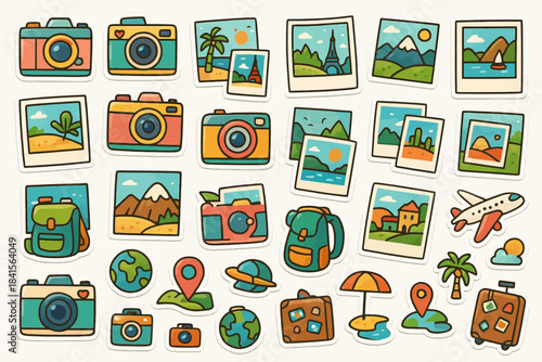 Colorful travel stickers featuring cameras, landscapes, and travel icons