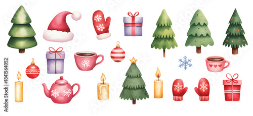 A joyful watercolor set of winter holiday decorations. Festive christmas elements collection.