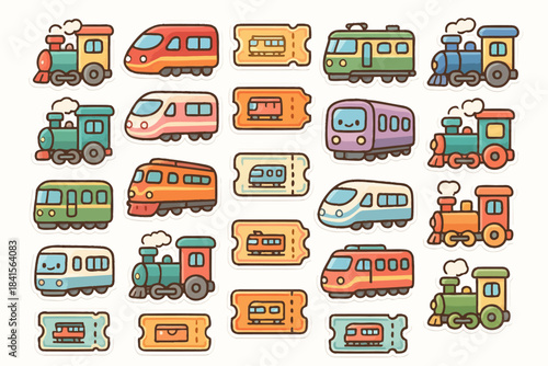 Playful cartoon trains and tickets sticker set with various colors and styles