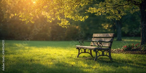 Wooden bench situated on a grassy area, suitable for park leisure activities, Earth Day